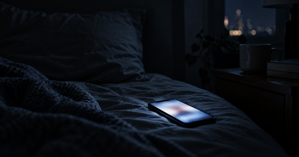 A phone glowing in a dark room at night, representing the isolation and late-night chatbot use discussed in the AI psychosis debate