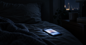 A phone glowing in a dark room at night, representing the isolation and late-night chatbot use discussed in the AI psychosis debate