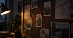A dark corkboard with blurred photos connected by red string, representing the psychology of conspiracy theory belief