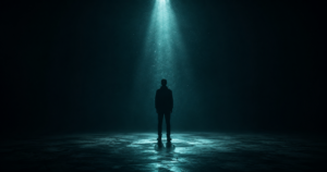 A motionless silhouetted figure standing in a dark room under a narrow cold light, representing the freeze response